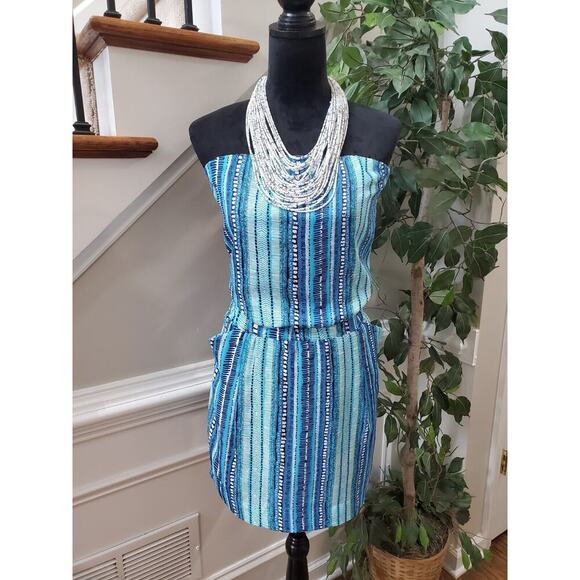 Aqua Women's Blue & White 100% Polyester Off The Shoulder Knee Length Dress M - Picture 1 of 13